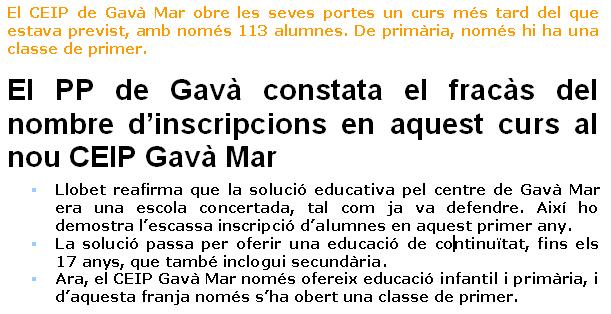Nota de prensa del PPC de Gav&agrave; criticando la puesta en marcha del nuevo CEIP de Gav&agrave; Mar (18 de septiembre de 2008)